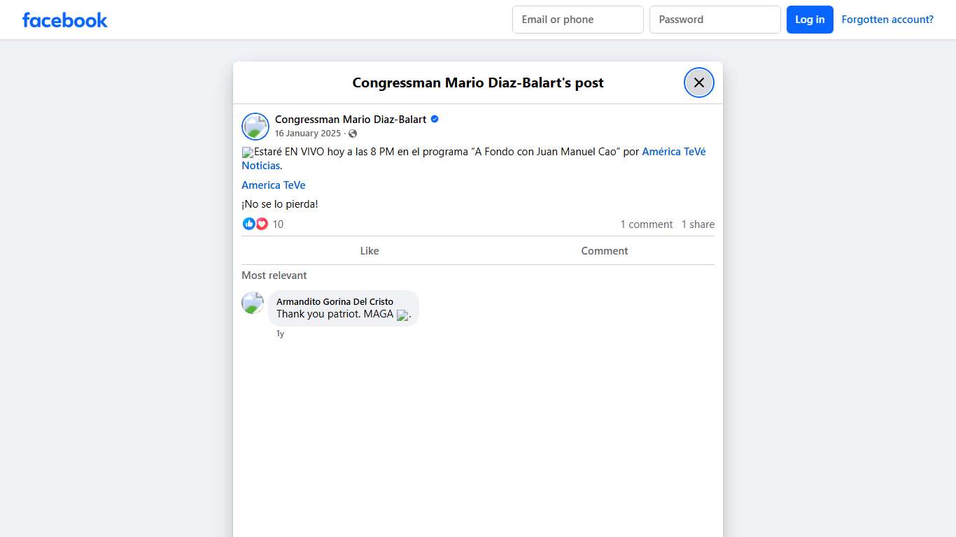 🚨Estaré EN VIVO hoy a las... - Congressman Mario Diaz-Balart Facebook